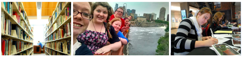 library, students on bridge, student writing